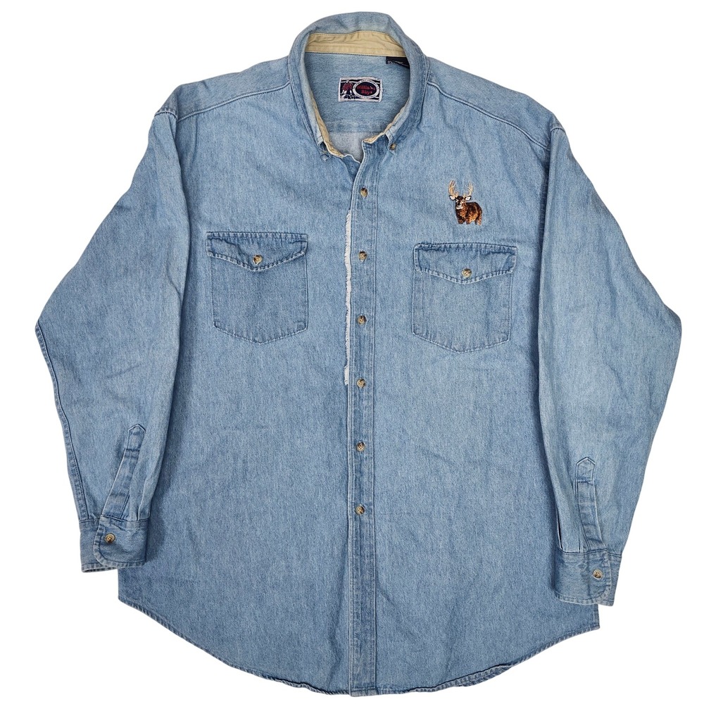 Vintage‎ Denim Shirt Embroidered Deer Light Wash Outdoors Workwear Cabincore XL